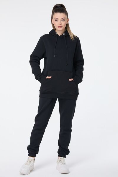 TOFİSA طقم بدلة رياضية نسائية باللون الأسود - ياقة مستقيمة بغطاء للرأس - 23731