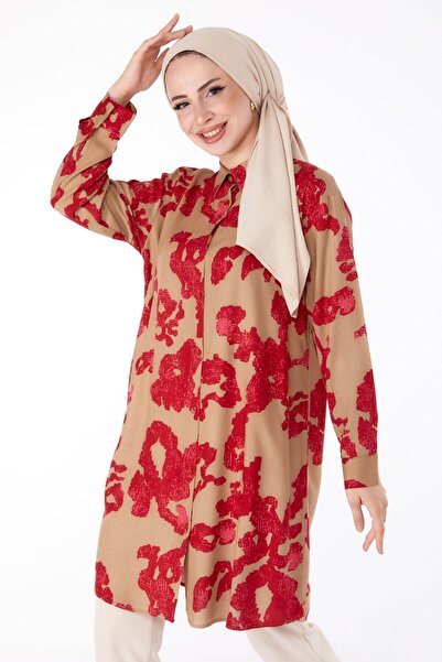 TOFİSA Claret Red Patterned Women's Tunic - Plain Shirt Collar - 25605