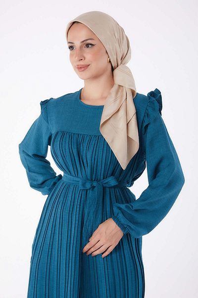 TOFİSA Straight Crew Neck Women's Petrol Pleated Hijab Dress - 25382