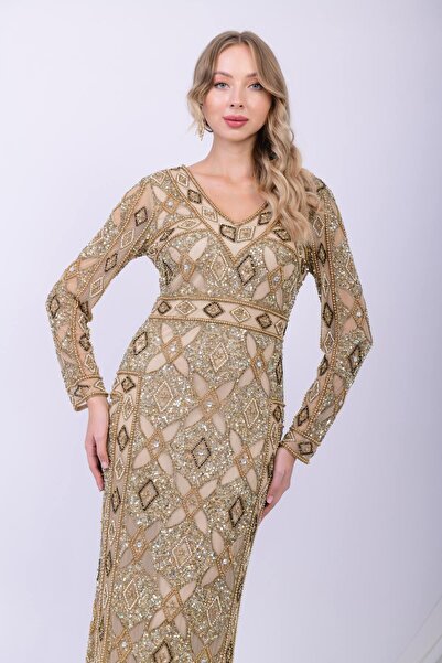 GATSBYLADY LONDON GOLDENCE - EL İŞLEMELİ , TAŞEL DETAYLI ELBİSE
