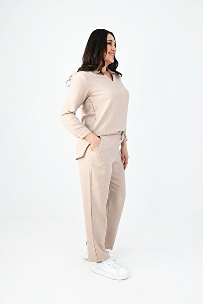 Koza Butik Γυναικείο Σετ Λινό Πόλο Λαιμόκοψης Plus Size 8071-24