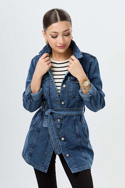 TOFİSA Women's Blue Denim Jacket, Plain Shirt Collar - 23625
