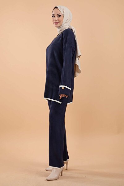 TOFİSA Темно-синя жіноча трикотажна туніка з вирізом на горловині 23791