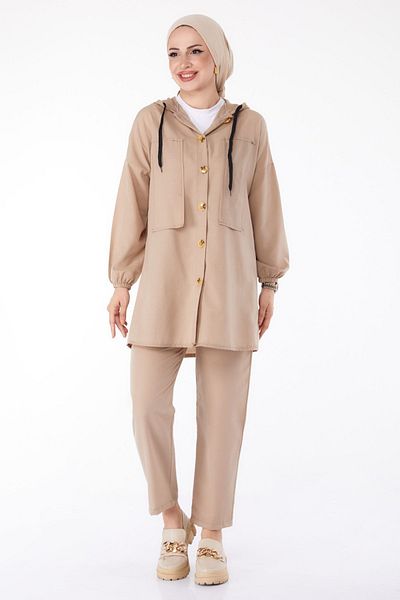 TOFİSA Women's Mink Tunic and Trousers Set - Plain Hooded Collar - 13020