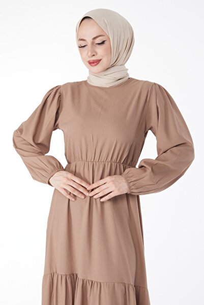 TOFİSA Düz Bisiklet Yaka Kadın Vizon Beli Bağcıklı Elbise - 13144