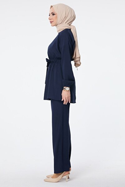 TOFİSA Navy Blue Women's Tunic-Pants Set Plain Crew Neck - 13058