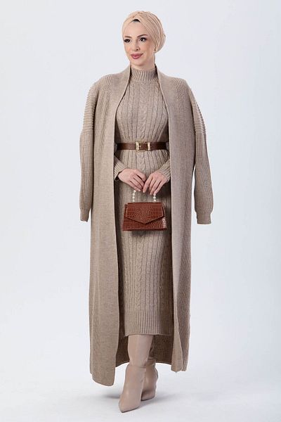 TOFİSA Plain Half Turtleneck Women's Mink Knitwear Double Set - 24007