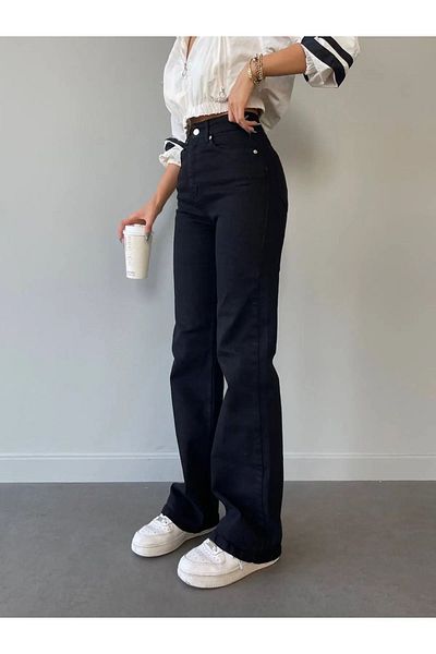 MAKRAS EXCLUSIVE Flora Non-blednoucí černé džíny s vysokým pasem Lycra Palazzo Wide Leg Jeans Jeans