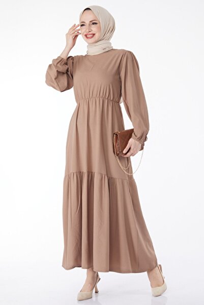 TOFİSA Düz Bisiklet Yaka Kadın Vizon Beli Bağcıklı Elbise - 13144