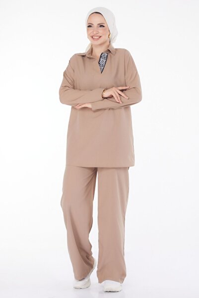 TOFİSA Γυναικείο Σετ Τουνίκ και Παντελόνι Mink - Κολάρο πουκάμισο μονόχρωμο - 13201