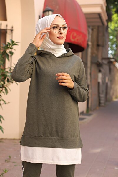 TOFİSA Khaki Women's Tunic Trousers Straight Hooded Collar - 8330