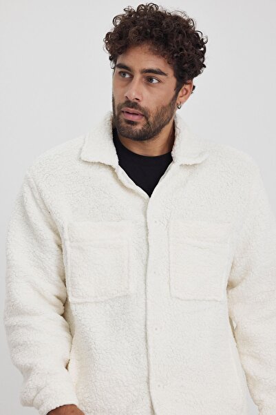 MADZEYMODA Men's Winter Fleece Jacket - Lined, Buttoned, Ecru Plush Mz86059