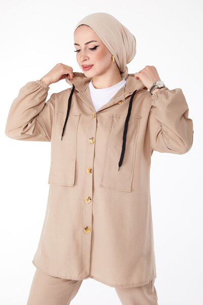 TOFİSA Women's Mink Tunic and Trousers Set - Plain Hooded Collar - 13020