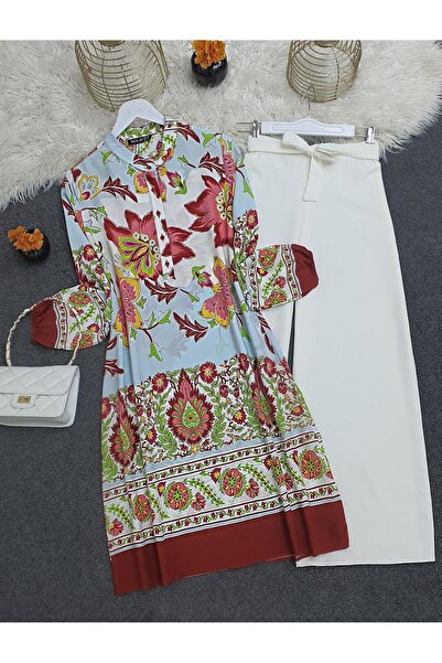 HİJABAYA Cotton Viscose Tunic - Floral Pattern, Half Button