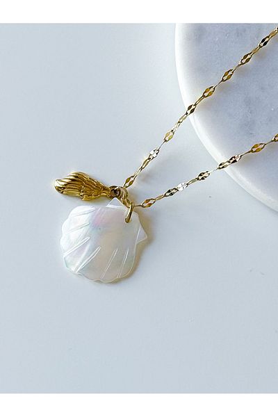 CHARMLUCKY Steel Pearl Stone Sea Shell Charm Necklace