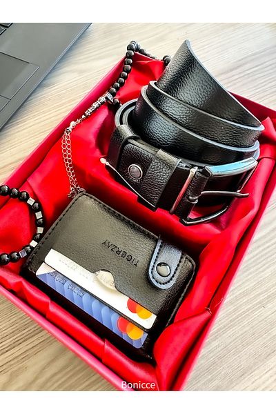 Bonicce Brand Black Color Leather Men's Wallet Belt, Rosary, Bracelet Set