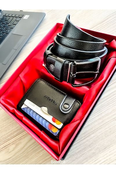 Bonicce Brand Black Color Leather Men's Wallet Belt, Rosary, Bracelet Set
