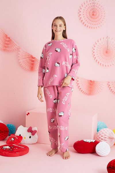 Siyah İnci Hello Kitty με άδεια Fleece Ροζ Πολύχρωμο Κοστούμι Πιτζάμα με λαιμόκοψη HK333