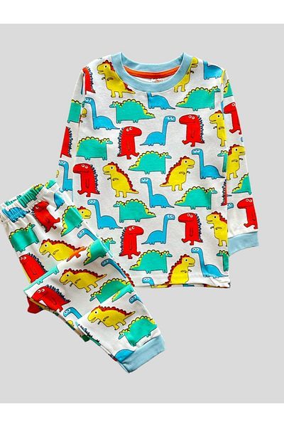 elmas kids Boy's 100% Cotton White Dinosaur Patterned Pajama Set