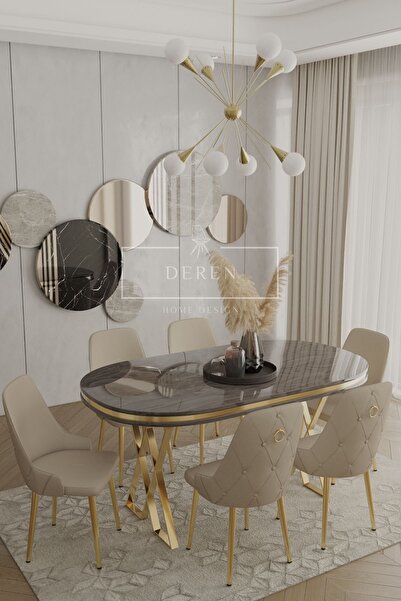 DEREN HOME Nef Serisi Lak Panel Mdf Antrasit Renk Masa 90x168 Gold Ayak Masa ...