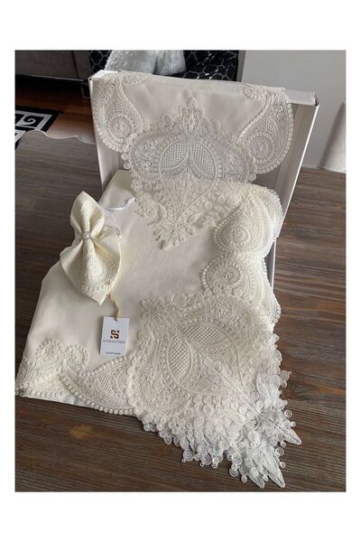 ÇİZGEHOME Lüx Salkım Krem Dantelli Ranırlı Masa Örtüsü Sofra Takımı 12 Kişili...
