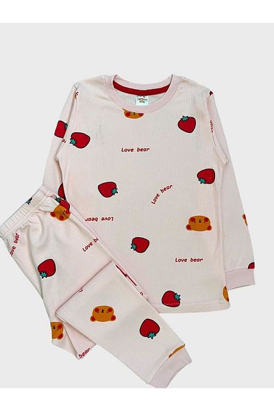 elmas kids Pink Seasonal Girl's Cotton Pajamas Set - Ribbed Strawberry Teddy Bear Pattern, Long Sleeve