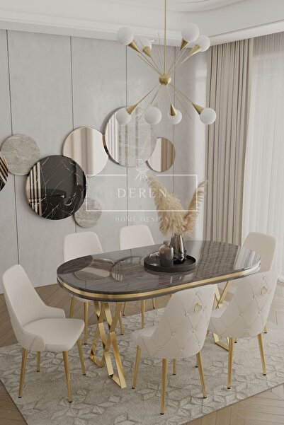 DEREN HOME Nef Serisi Lak Panel Mdf Antrasit Renk Masa 90x168 Gold Ayak Masa ...