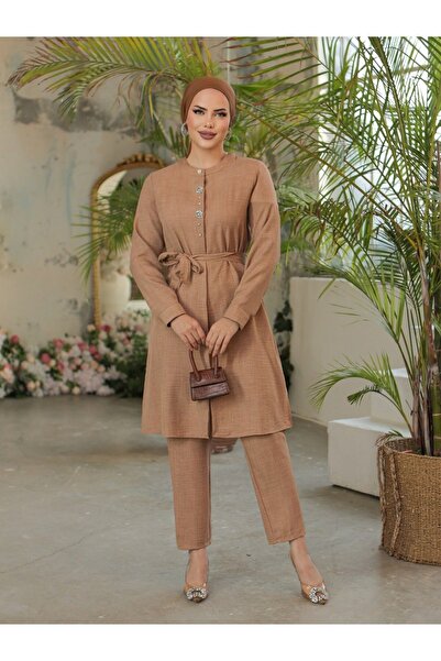 HİJABAYA Λινό μακρύ τουνίκ - Κεντημένο με πέτρα, κουμπιά μέχρι το πάτωμα και ζώνη