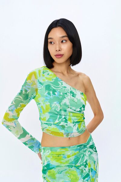 Quzu Μπλούζα από τούλι με έναν ώμο με μοτίβο μέντας