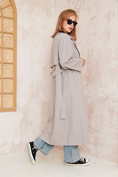 SİNDAL Pelerinli Astarlı Oversize Trençkot 4-6696 - GRI