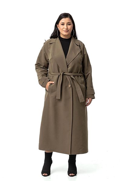 DISENTIS MODEST Χακί μακριά καμπαρντίνα - Plus Size, μονόχρωμος γιακάς, διπλό στήθος κλείσιμο και σχισμή επένδυση