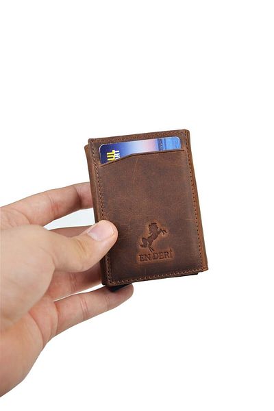 en deri Унисекс портфейл от естествена кожа с механизъм, кафяв цвят, държач за карти