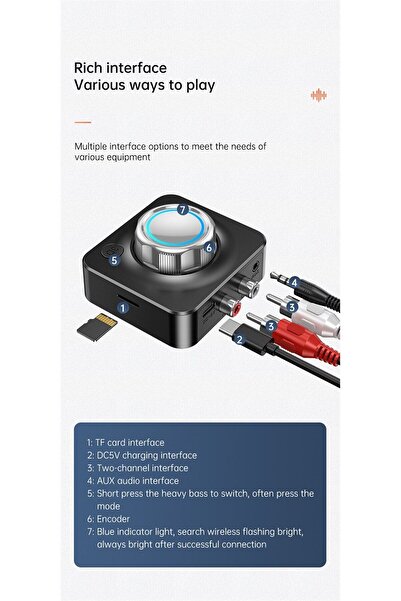 SYNOPE Bluetooth 5.0 Ses Alıcısı 3D Stereo Müzik Kablosuz Adaptör TF Kart RCA Araç Kiti İçin 3.5mm 3.5 AUX