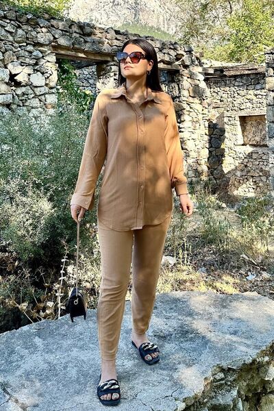İpli قميص لاتيه ملون ومجموعة سفلية - تفاصيل الجيب