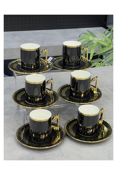 Doğudeko 6-Piece Paulo Gold Cup Set - Luxury Porcelain, Black