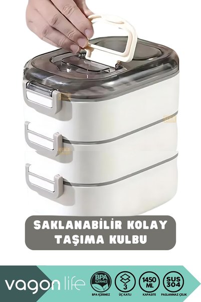 Vagonlife Bento 1450ml Lunchbox Yeni Koleksiyon Üç Katlı 5 Bölmeli Çelik Sefer Tası Yemek Kutusu