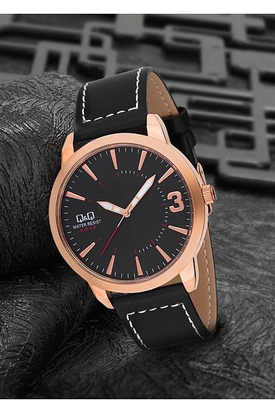 Q&Q Men's Rose Wristwatch - Gray Stitched, Black Leather Cord, Waterproof Classic Quartz Movement