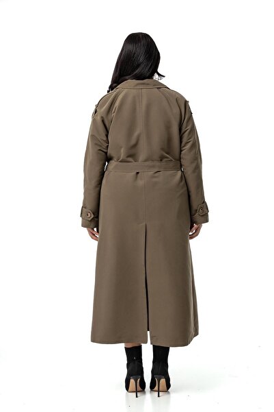 DISENTIS MODEST Khaki Long Trench Coat - Plus Size, Mono Collar, Double Breasted Closure and Slit Lining