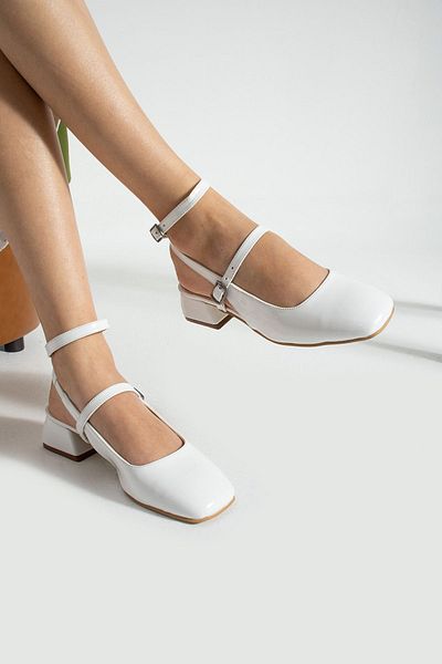 Papuckurdu Women's Mary Jane White Patent Leather Open Back Square Toe Helmet Short Block Heeled Shoes