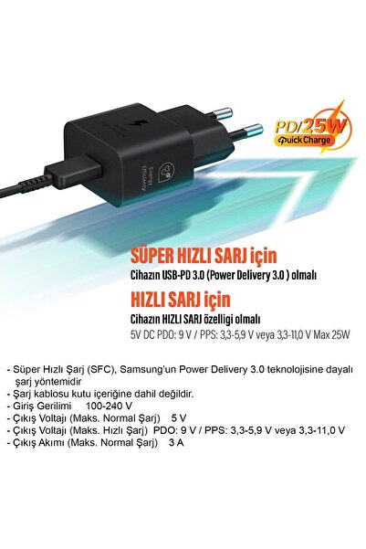 Samsung EP-T2510N TYPE C Şarj Aleti 25W Süper Hızlı Type-C Şarj Adaptörü (Samsung Türkiye Garantili)