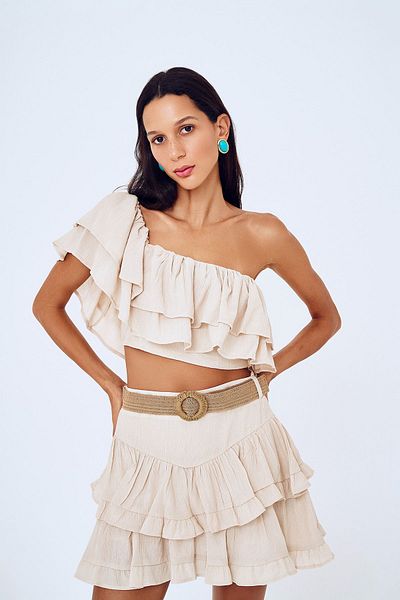Quzu One Shoulder Flounced Stone Color Crop Blouse