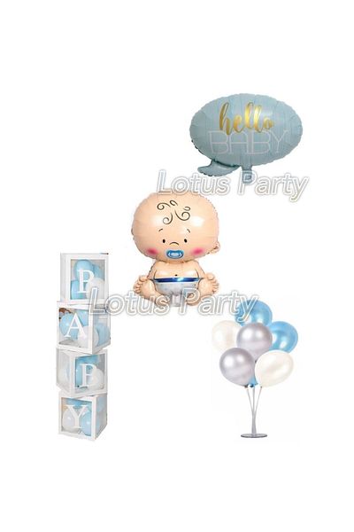 LOTUS PARTY Hospital Room Decoration Set (Baby Boy Foil - Hello Baby Foil - 4 Baby Boxes - 7 Pieces Stand)