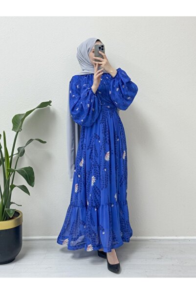 HİJABAYA Bel Ve Boyundan Büzgülü Balon Kol Astarlı Şifon Elbise