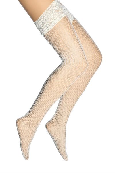 Dore Women's Cream Color Lace Mesh Silicone Lace Over The Knee Fishnet Garter Stockings