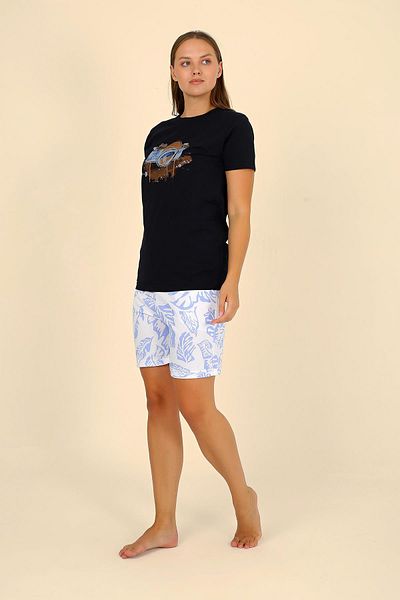 Akbeniz Set pijamale pentru femei din bumbac pieptănat negru cu pantaloni scurți cu mâneci scurte - 3624