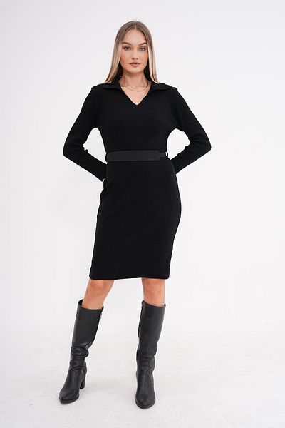 ŞİMAL Women's Collared Belt Detailed Knitwear Knitted Dress 245149   -