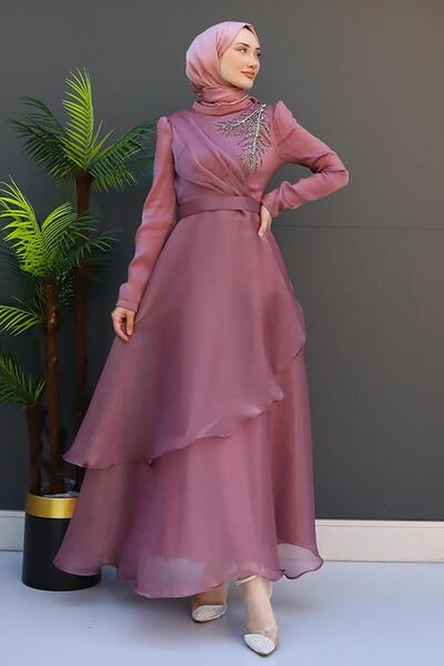 giz astore Taşlı Organze Abiye Koyu Pembe