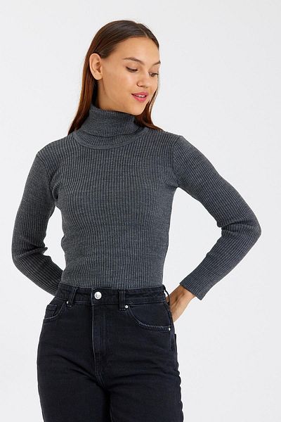 odelon Pulover de damă din tricot din lână cu gât cu nervuri - antracit