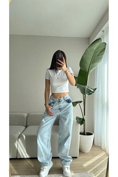 Zoom Butik Kemer Tokalı Baggy Jean-BUZ MAVİ