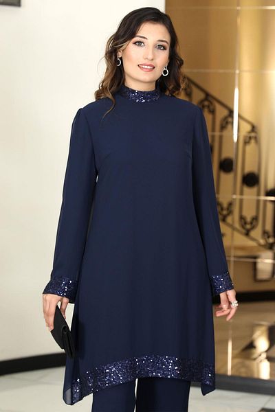 Modaviki Σετ χιτώνα και παντελόνι Navy Blue Umay Chiffon - ELB68